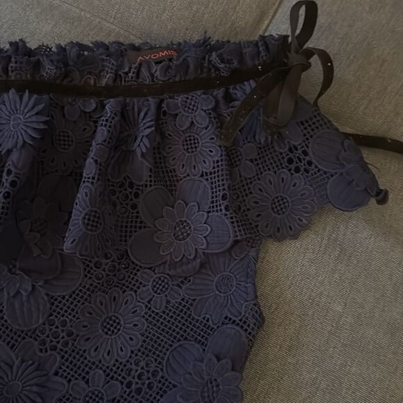 Yomis Navy Embroidered Lace One Shoulder Blouse with Scallop Edge. Size Small. - Picture 2 of 9